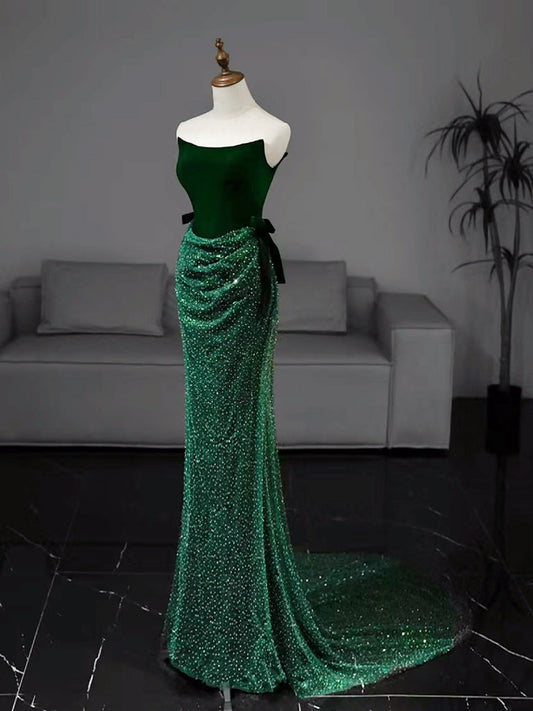 Mermaid Tulle Velvet Green Long Prom Dress Green Long Formal Dress