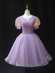 Purple V-Neck Tulle Beaded Sequin Short Prom Dress Purple Homecoming Dress