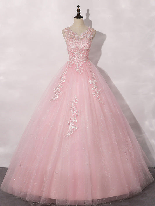 A-Line Round Neck Tulle Lace Pink Long Prom Dress Pink Formal Dress