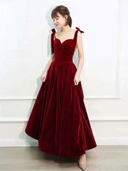 A-Line Sweetheart Neck Velvet Burgundy Long Prom Dress Burgundy Formal Dress