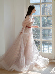 A-Line Off-Shoulder Tulle Light Pink Long Prom Dress Long Formal Dress