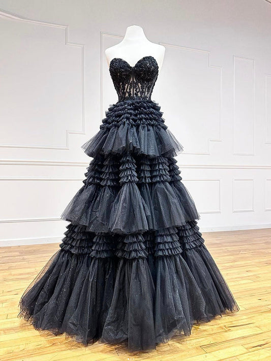 Black Sweetheart Neck Tulle Lace Long Prom Dress Black Formal Evening Dress