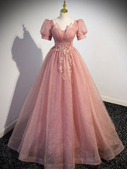 Pink A-Line Tulle Sequin Lace Long Prom Dress Pink Formal Evening Dress