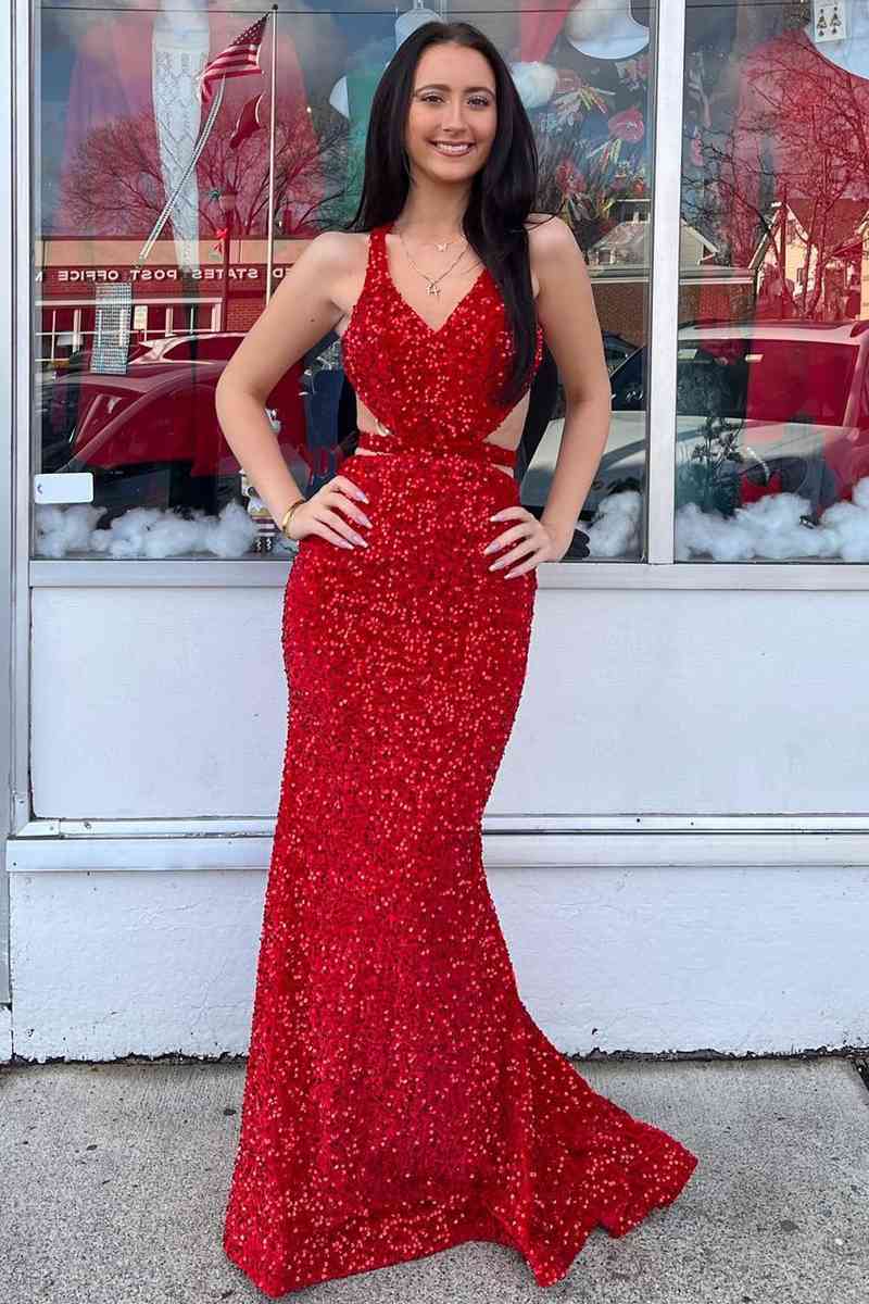 Melody Dressystars  Red Mermaid Sexy V Neck Sequin Material  Backless Long Prom Dress