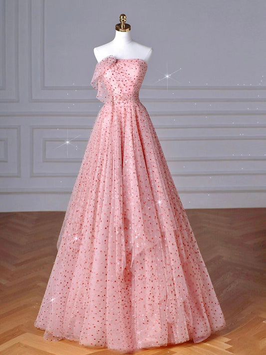 A-Line Pink Tulle Long Prom Dress Pink Tulle Long Formal Gown