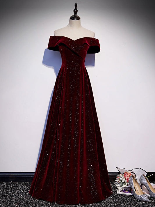 A-Line Off-Shoulder V-Neck Velvet Burgundy Long Prom Dress Burgundy Long Formal Dress