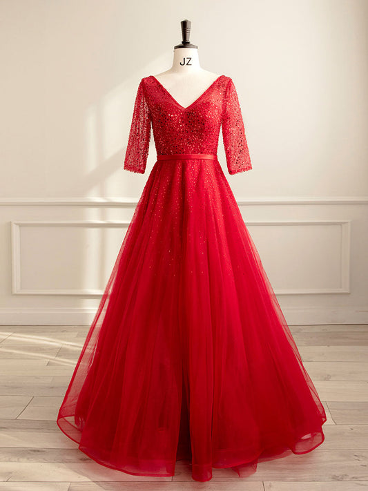 Red A-Line Tulle Sequin Long Prom Dress Red Formal Dress