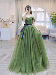 A-Line Off-Shoulder Tulle Green Long Prom Dress Green Formal Dress