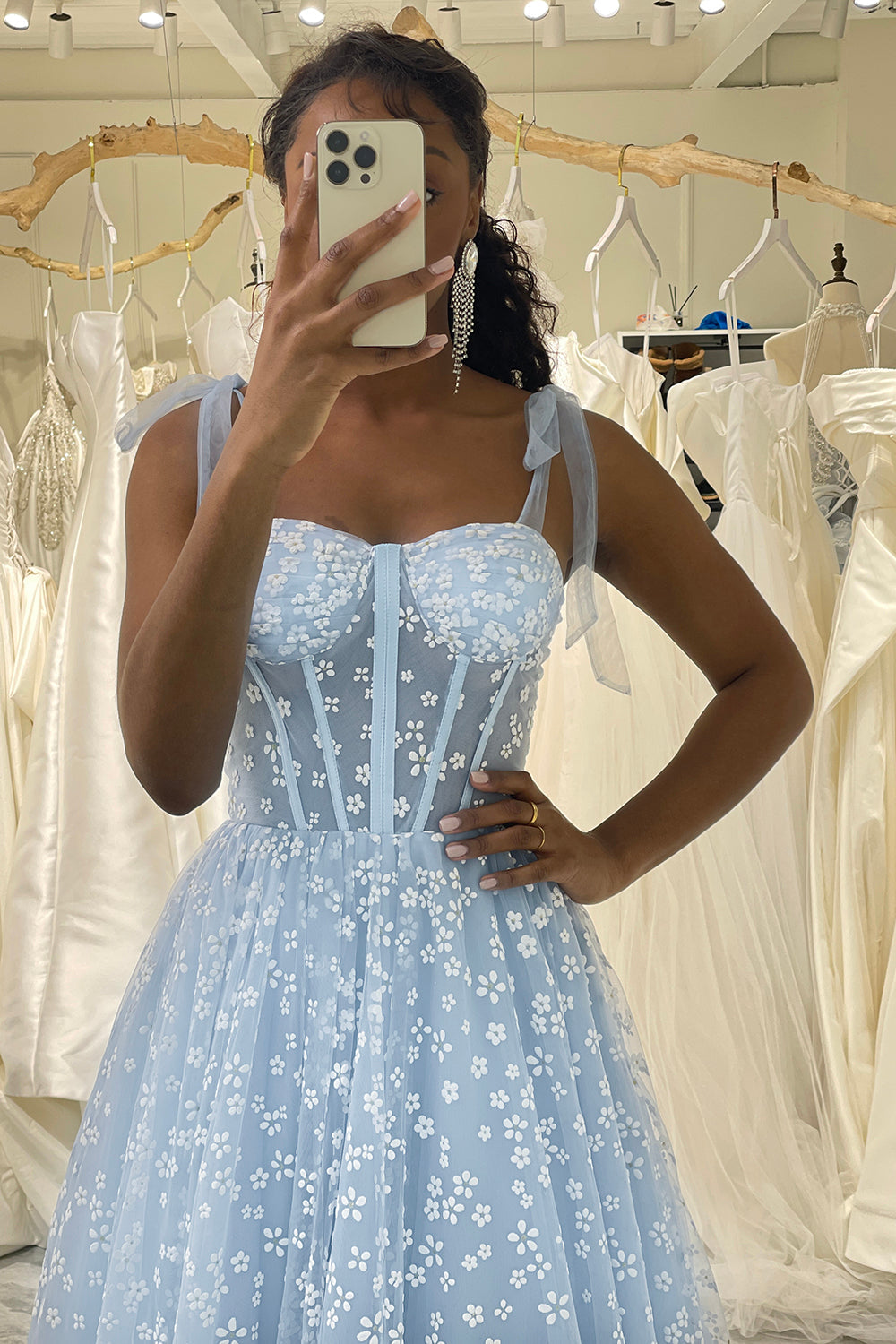 Sky Blue A Line Long Corset Prom Dress With Adjustable Straps