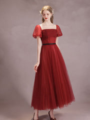 A-Line Burgundy Tulle Tea-Length Prom Dress Burgundy Formal Dress