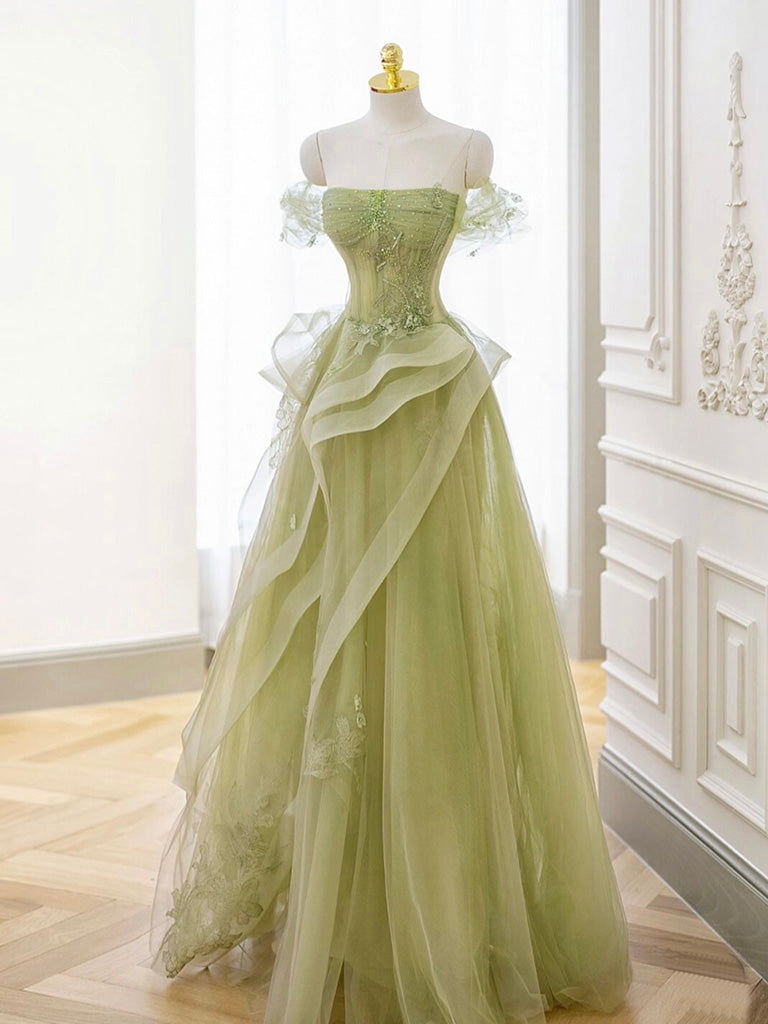 A-Line Off-Shoulder Tulle Lace Green Long Prom Dress Green Long Graduation Dress