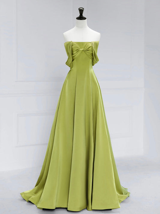 A-Line Off-Shoulder Satin Green Long Prom Dress Green Long Formal Dress