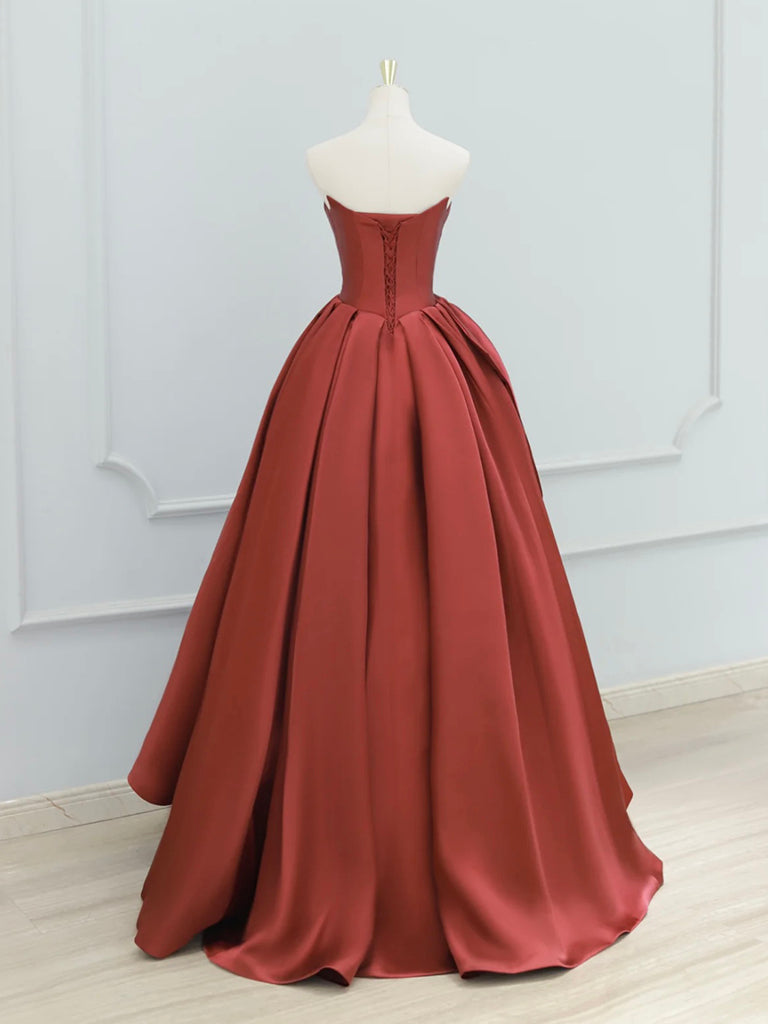 A-Line Satin Burgundy Long Prom Dress Burgundy Long Formal Gown