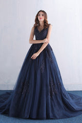 Dark Blue V-Neck Tulle Lace Long Prom Dress Blue Evening Dress