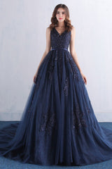 Dark Blue V-Neck Tulle Lace Long Prom Dress Blue Evening Dress