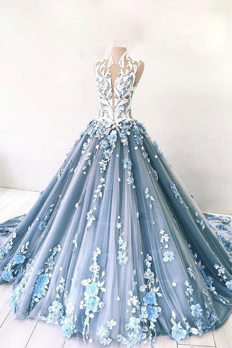 Unique Blue Tulle Lace Long Prom Dress Blue Lace Tulle Evening Dress