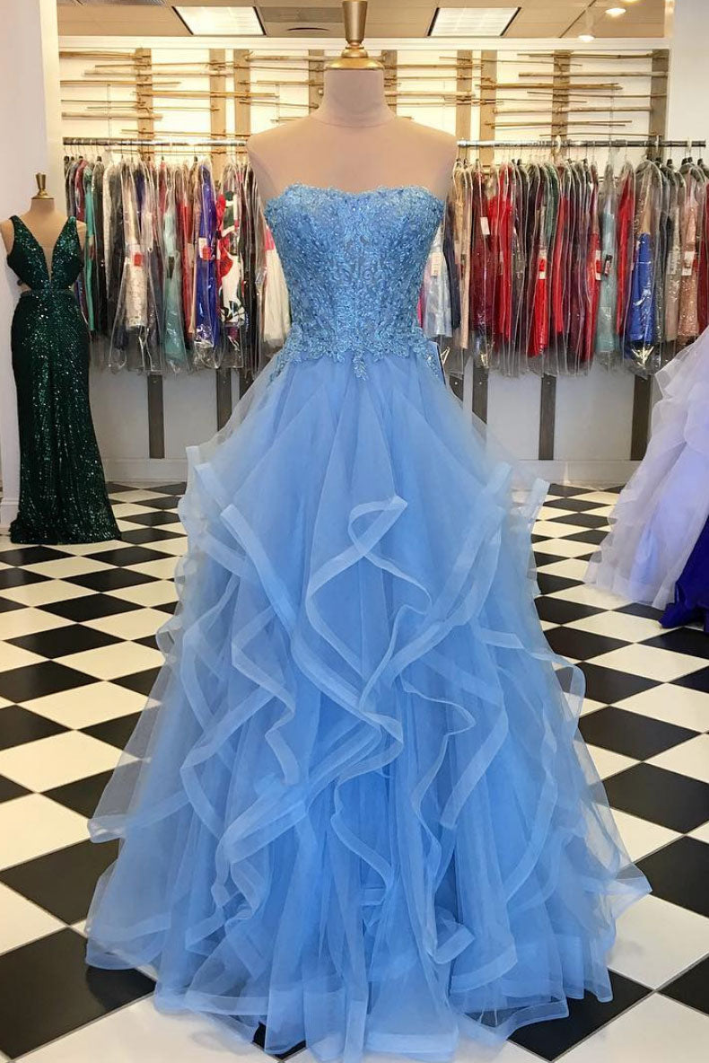 Blue Tulle Lace Long Prom Dress Blue Tulle Lace Evening Dress