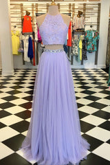 Purple Tulle Two-Piece Lace Long Prom Dress Purple Evening Dress