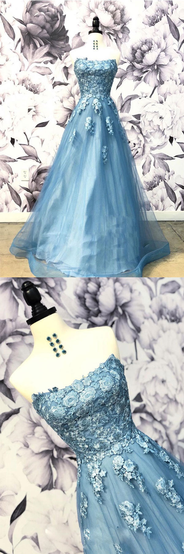 Blue Sweetheart Neck Tulle Applique Long Prom Dress Blue Evening Dress