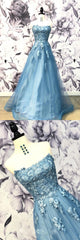 Blue Sweetheart Neck Tulle Applique Long Prom Dress Blue Evening Dress