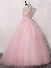 A-Line Round Neck Tulle Lace Pink Long Prom Dress Pink Formal Dress