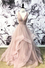 Champagne V-Neck Tulle Long Prom Dress Tulle Evening Dress