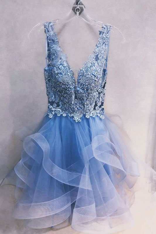 Blue V-Neck Tulle Lace Short Prom Dress Blue Homecoming Dress