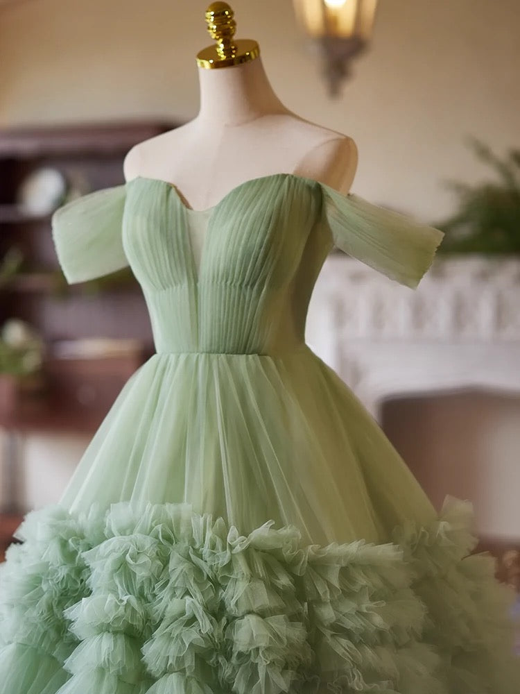 A-Line Off-Shoulder Tulle Green Long Prom Dress Green Long Sweet 16 Dress