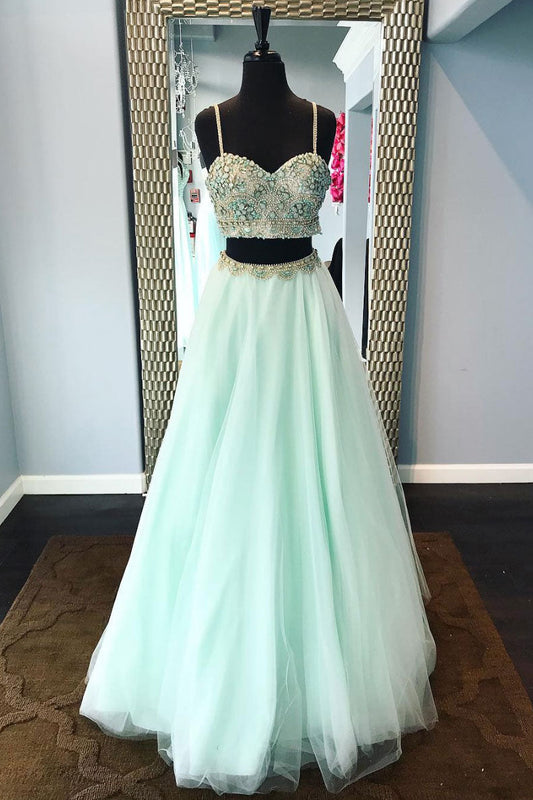 Green Beads Two-Piece Tulle Long Prom Dress Green Evening Gown