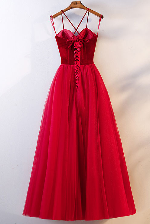 Red Tulle Long Prom Dress Simple Red Tulle Evening Dress