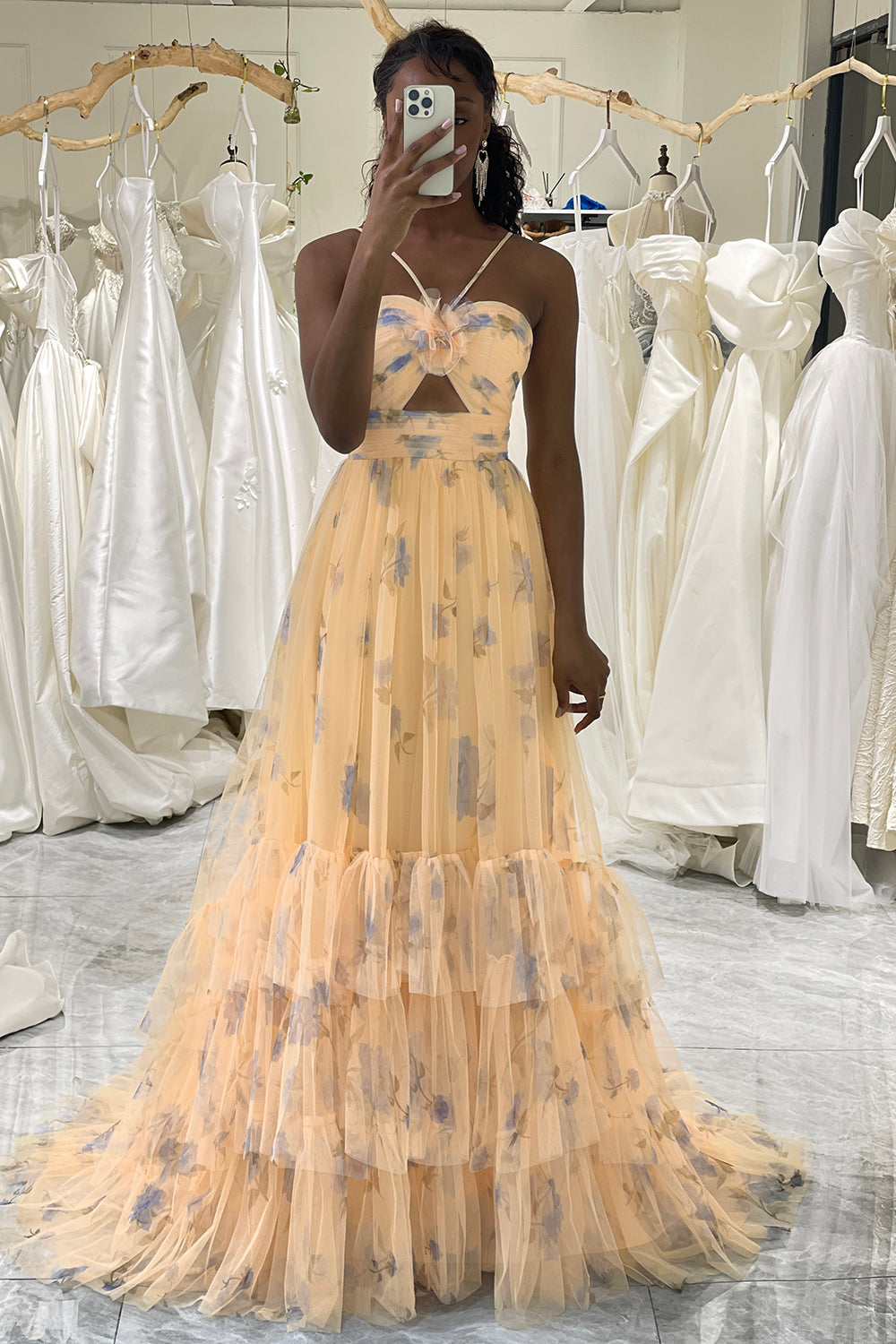 Yellow Tulle A Line Long Tiered Prom Dress