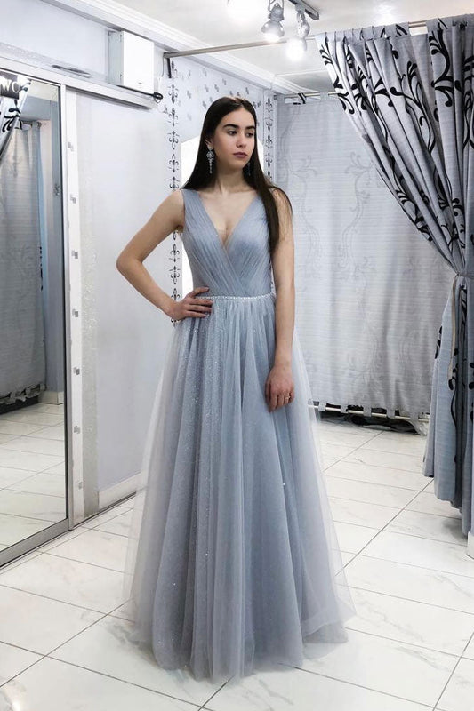 Simple Gray V-Neck Tulle Long Prom Dress Gray Tulle Evening Dress