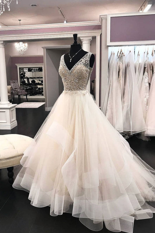 Unique V-Neck Beaded Tulle Long Prom Dress Tulle Evening Dress