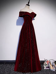 A-Line Off-Shoulder Velvet Burgundy Long Prom Dress Burgundy Formal Dress