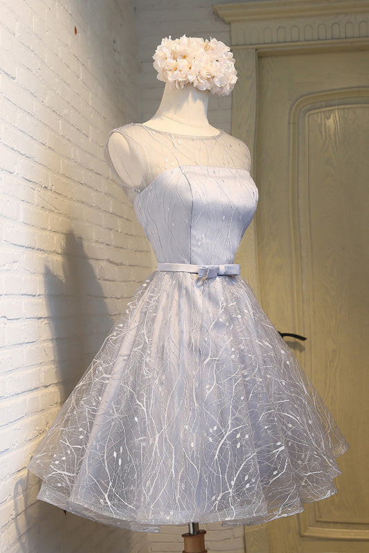 Gray Round Neck Tulle Short Prom Dress Gray Homecoming Dress