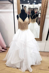 White V-Neck Tulle Lace Long Prom Dress White Evening Dress