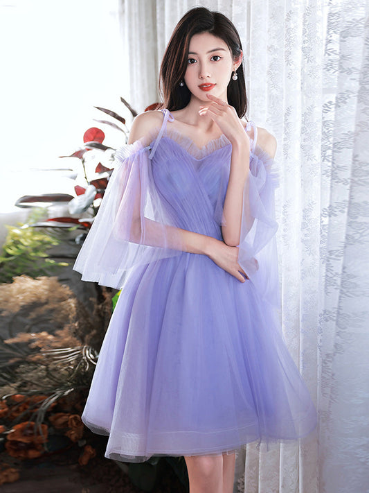 A-Line V-Neck Tulle Purple Short Prom Dress Purple Homecoming Dress