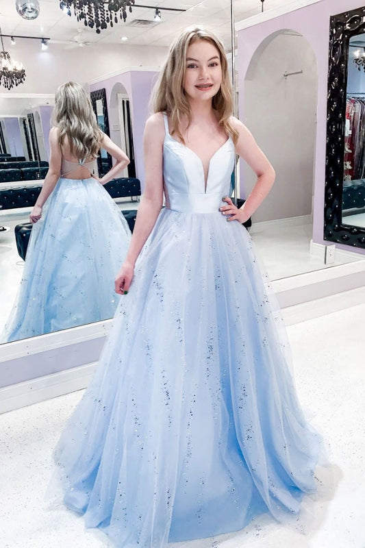 Blue V-Neck Tulle Long Prom Dress Blue Tulle Formal Dress