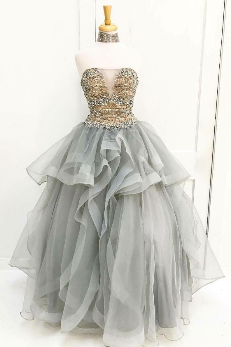 Gray Tulle Beaded Sequin Long Prom Dress Gray Tulle Evening Dress