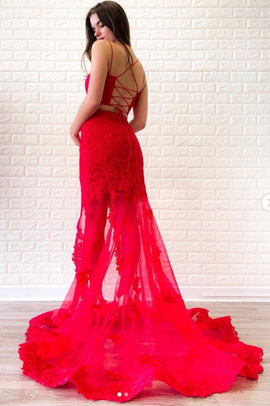 Red Two-Piece Lace Long Prom Dress Red Lace Evening Dress