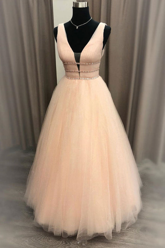 Simple V-Neck Tulle Long Prom Dress Tulle Formal Dress