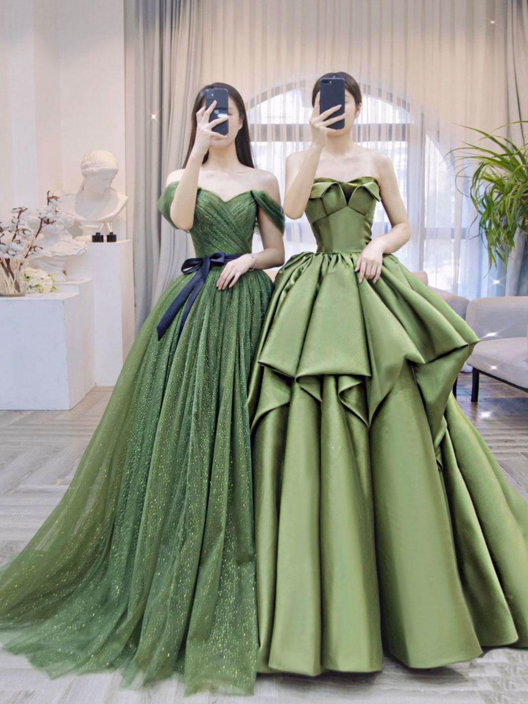 A-Line Off-Shoulder Tulle Green Long Prom Dress Green Formal Dress