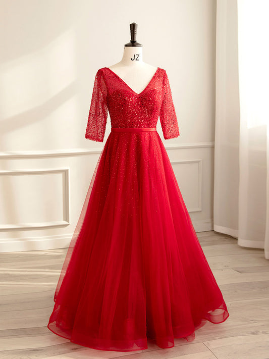 Red A-Line Tulle Sequin Long Prom Dress Red Formal Dress