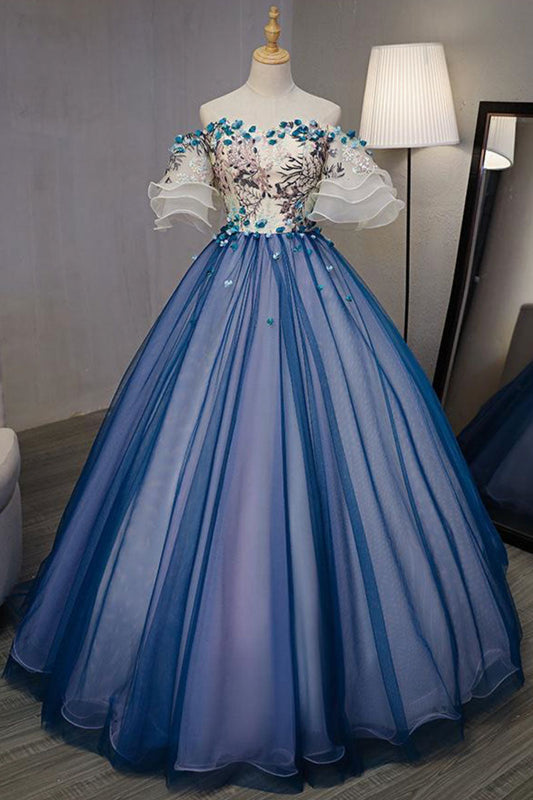 Blue Tulle Lace Applique Long Prom Dress Blue Evening Gown