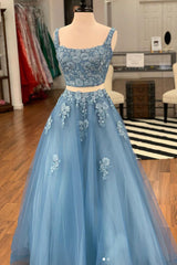 Blue Two-Piece Lace Tulle Long Prom Dress Blue Evening Dress