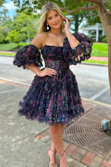 blue cute puff sleeves ruffle edge a line prints homecoming dress