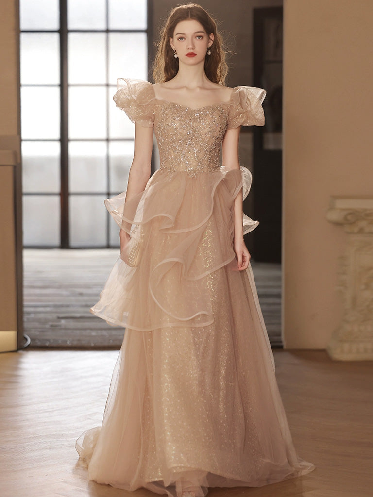 Champagne Tulle Sequin Long Prom Dress Champagne Sequin Long Formal Gown