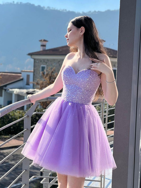 Purple Sweetheart Neck Short Prom Dress Purple Homecoming Dress