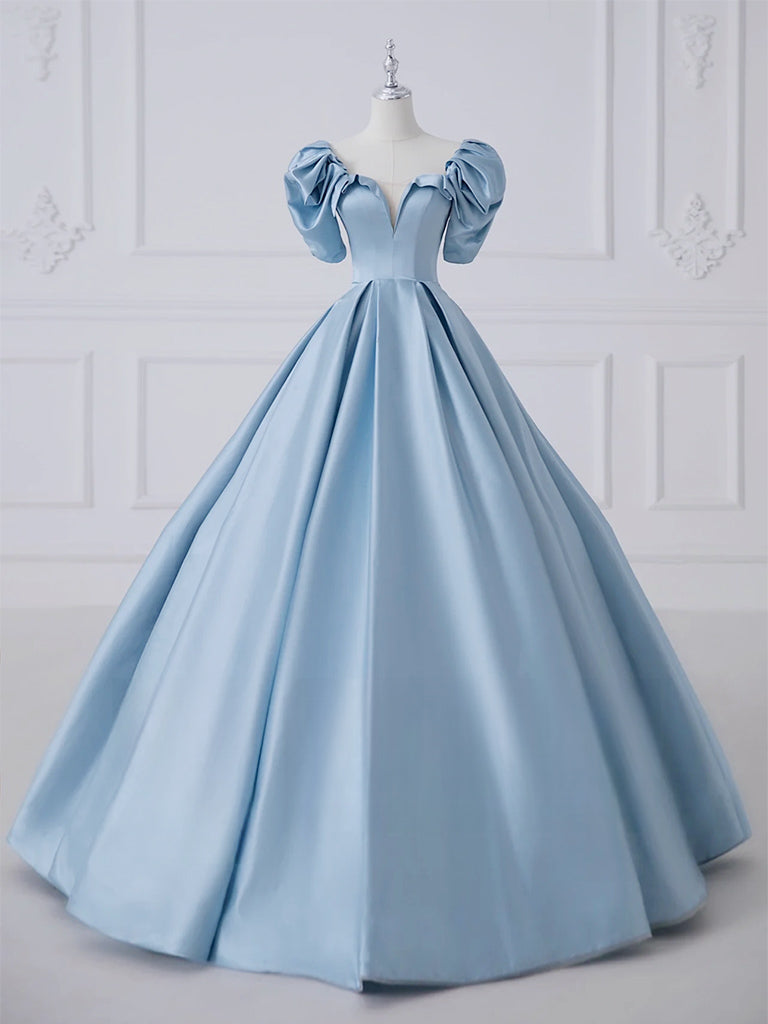 A-Line Satin Blue Long Prom Dress Blue Satin Long Formal Dress