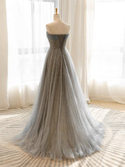 A-Line Gray Tulle Sequin Long Prom Dress Gray Long Formal Dress